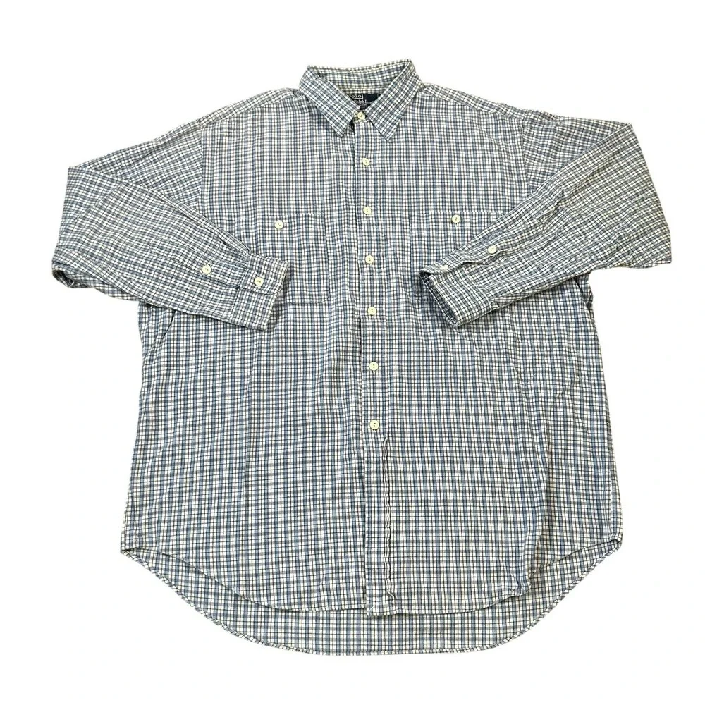 Vintage Polo Ralph Lauren Plaid Button Down Shirt Long Sleeve XL Blue‎ White